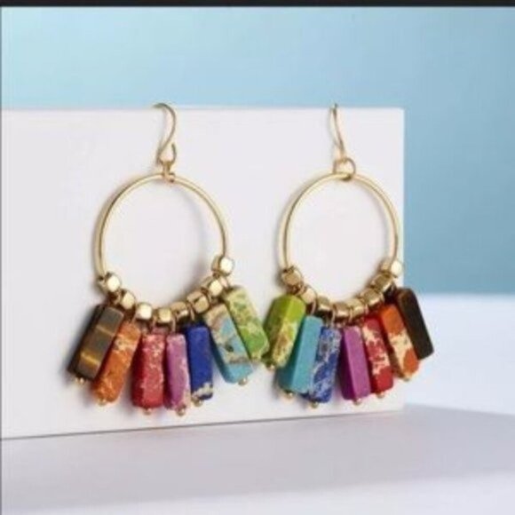 7 Chakra Healing Natural Stone Gold Hoop Earrings - Picture 2 of 4